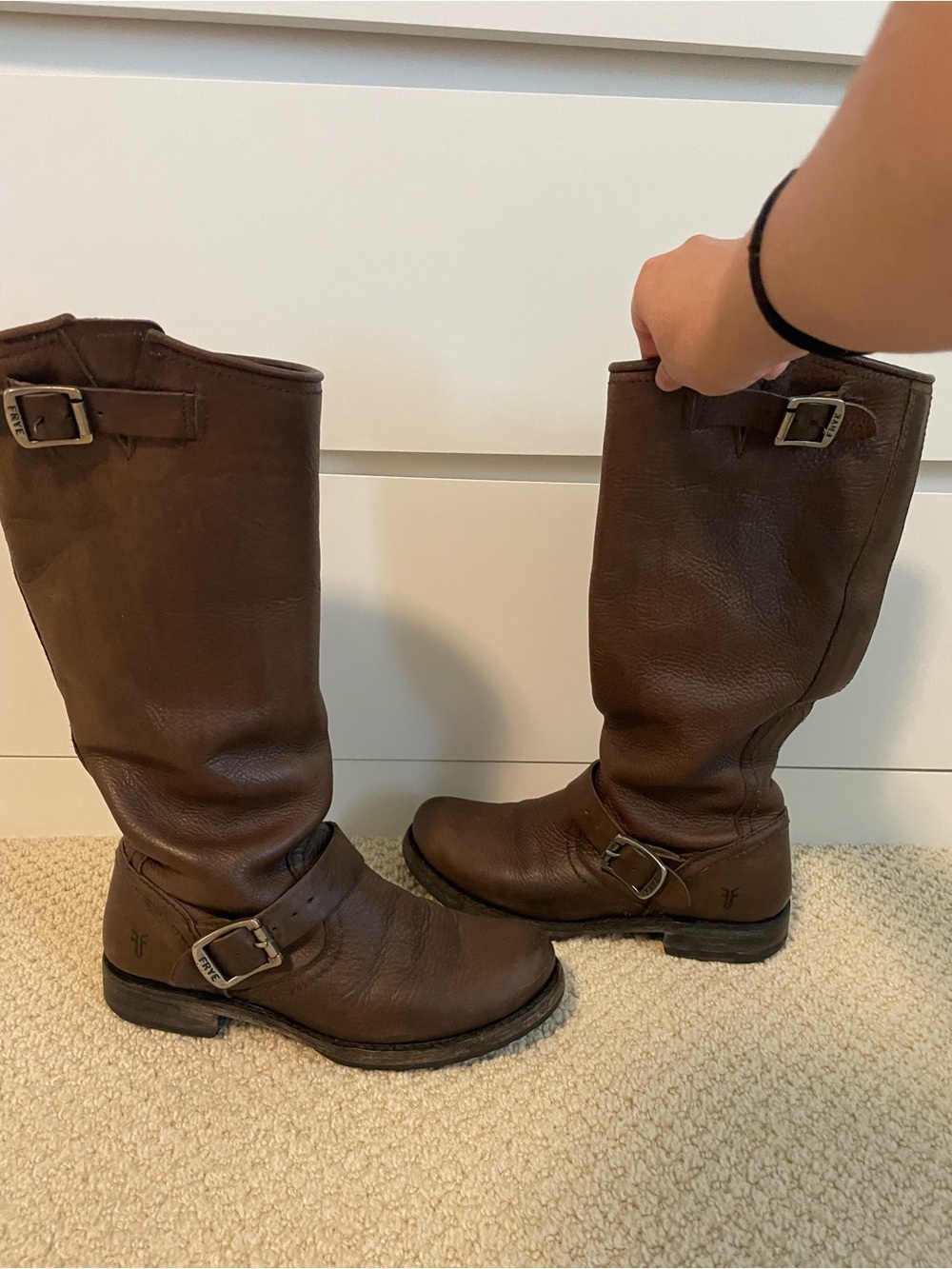 Frye Dark Brown Leather Tall Buckle Boots